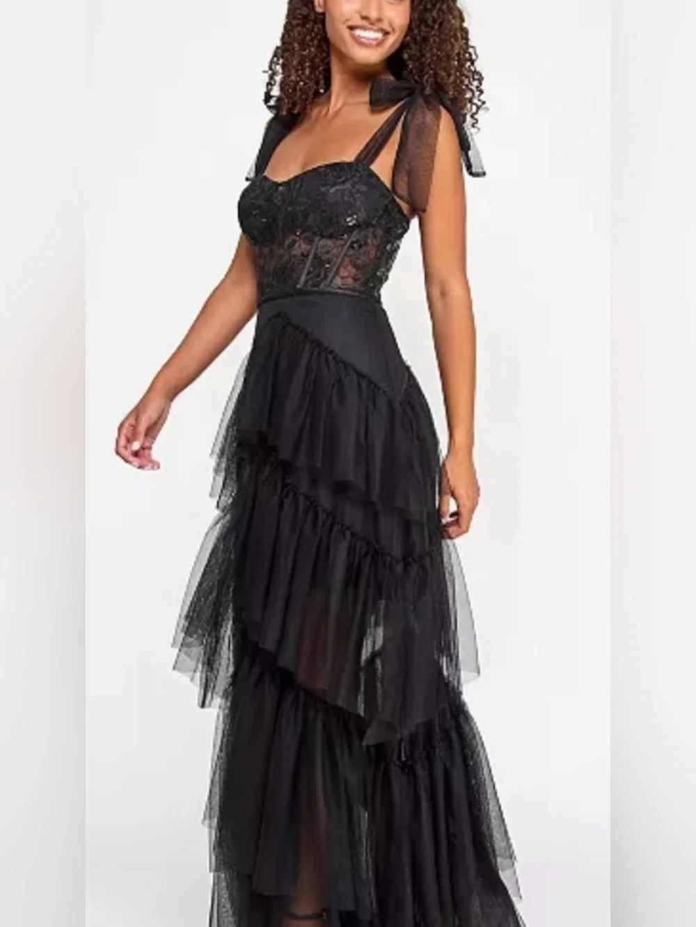 NEW City Studio Lace Tulle Maxi Dress 1/2 Corset Gown Black Goth Tiered Prom